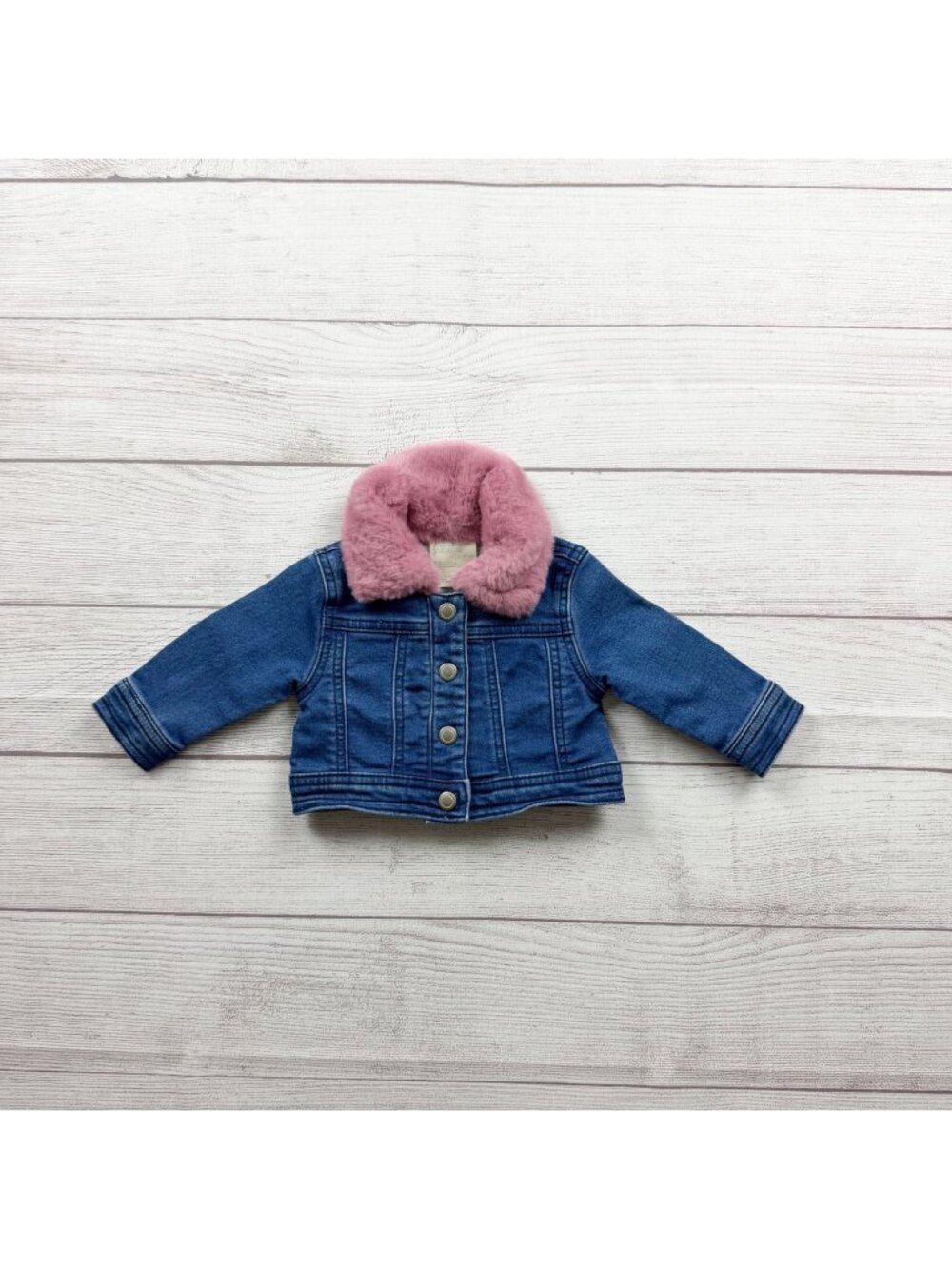 First Impressions Denim Baby Jacket Pink Fuzzy Collar Button Front 0-3 Months